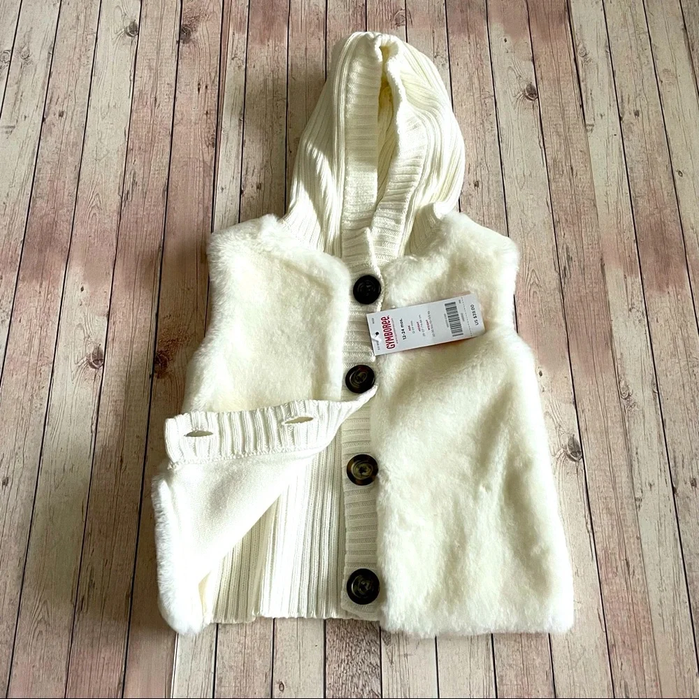 Gymboree Girl’s size 12-24 Months furry vest with Built in hoodie New with tags